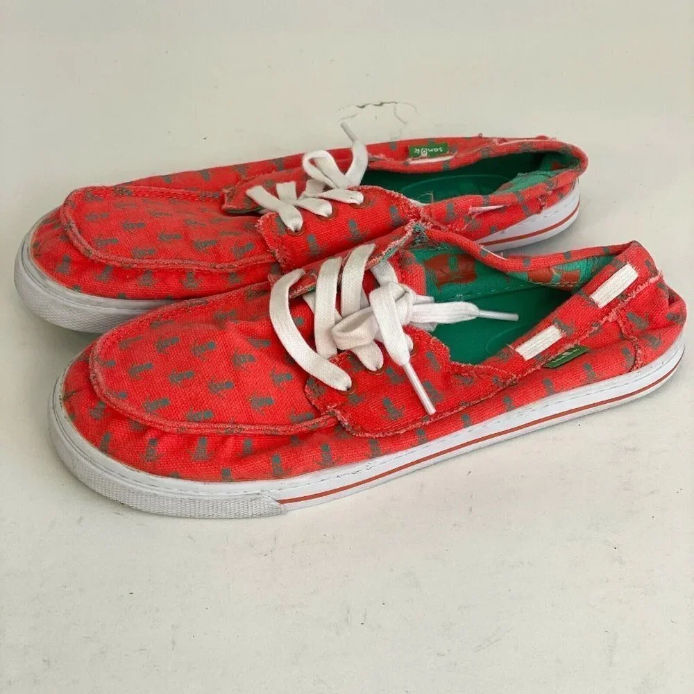 Sanuk Youth Sidewalk Surfer Lace Up Boat Shoes Red‎ 4 Printed Canvas Low Casual